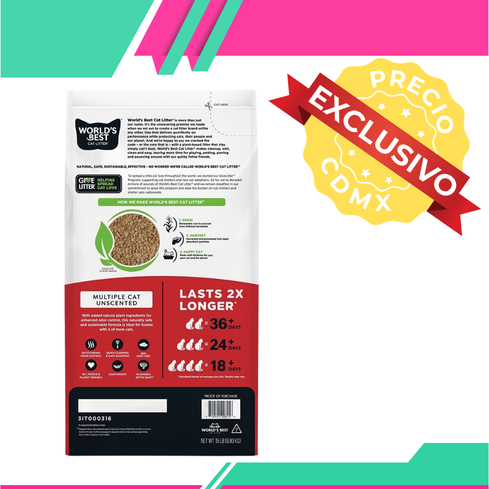 Arena World's Best Unscented Arena Natural Aglutinante Sin Fragancia para Hogares Multigato (Venta únicamente en CDMX)