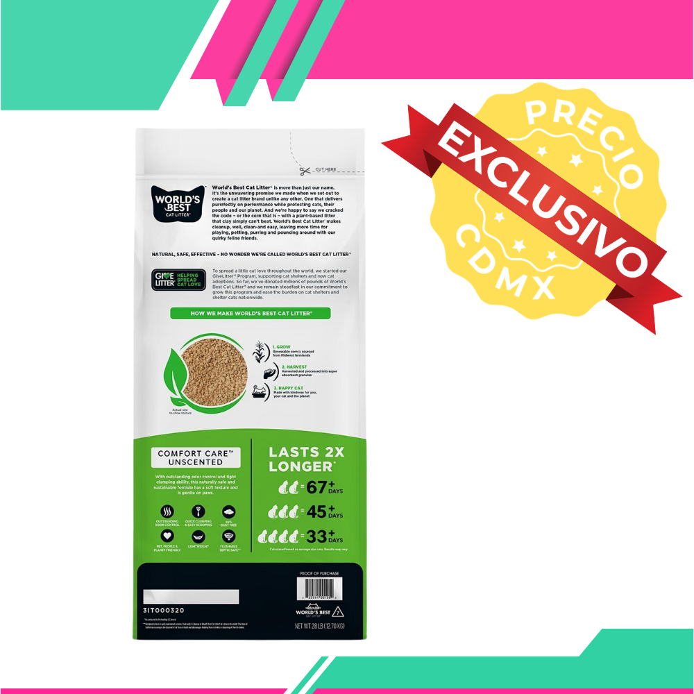 Arena World's Best Comfort Care Arena Natural Aglutinante Sin Fragancia para Gato (Venta únicamente en CDMX)