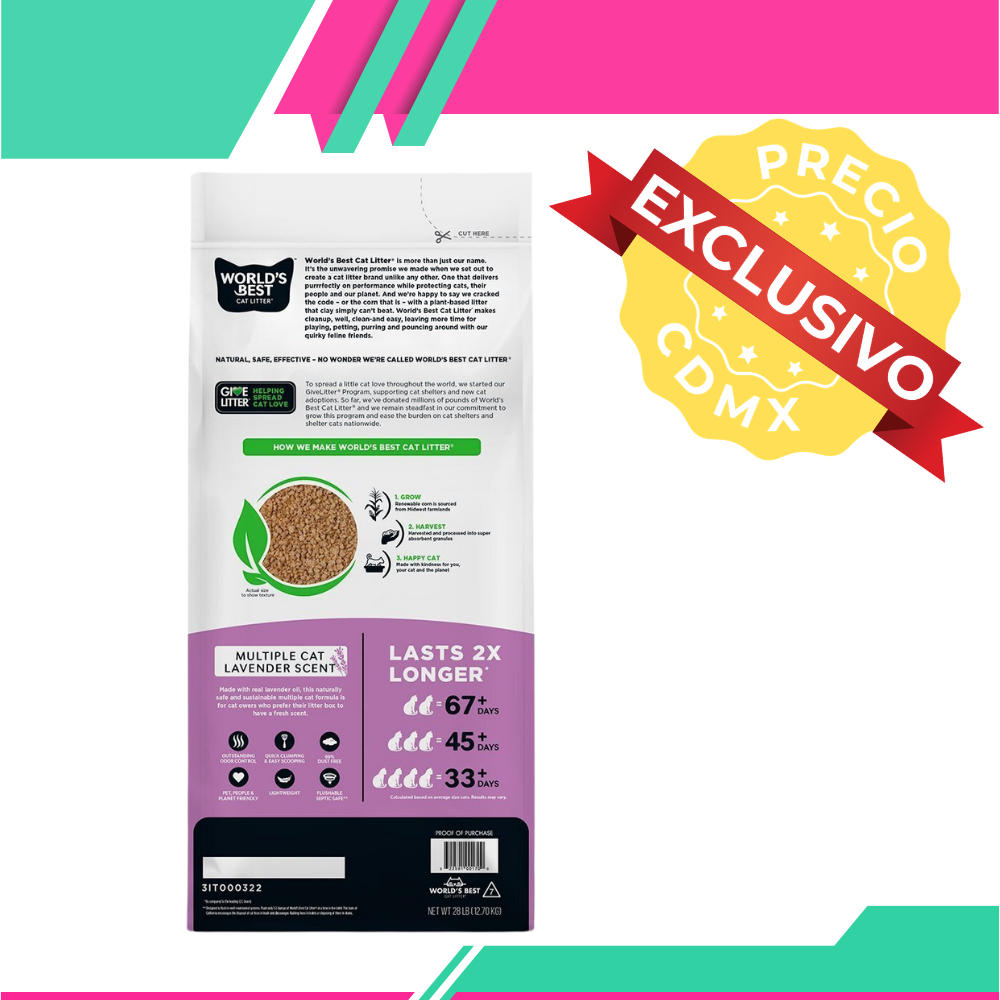 Arena World's Best Lavender Scent Arena Natural Aglutinante Fragancia de Lavanda para Hogares Multigato (Venta únicamente en CDMX)